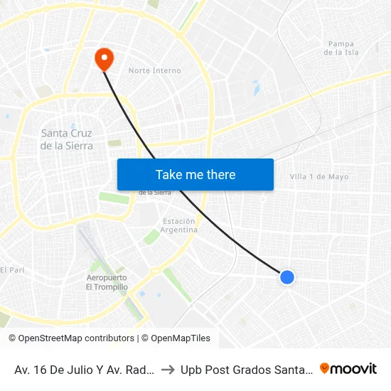 Av. 16 De Julio Y Av. Radial 10 to Upb Post Grados Santa Cruz map