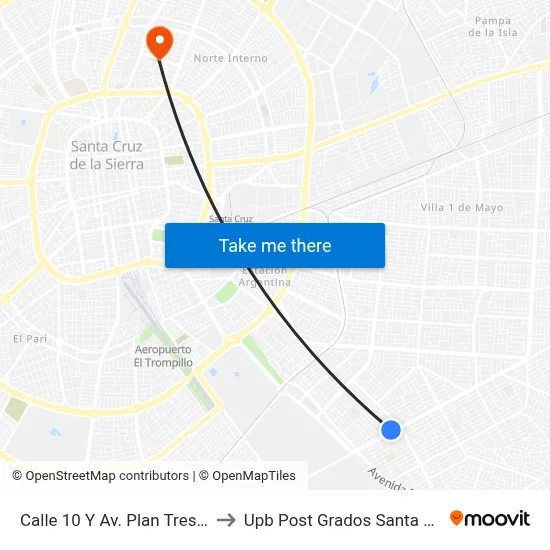 Calle 10 Y Av. Plan Tres Mil to Upb Post Grados Santa Cruz map