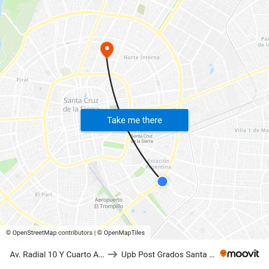 Av. Radial 10 Y Cuarto Anillo to Upb Post Grados Santa Cruz map