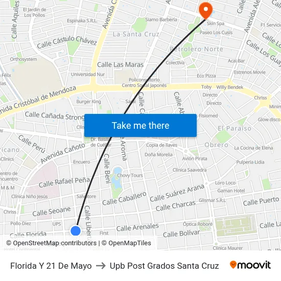 Florida Y 21 De Mayo to Upb Post Grados Santa Cruz map