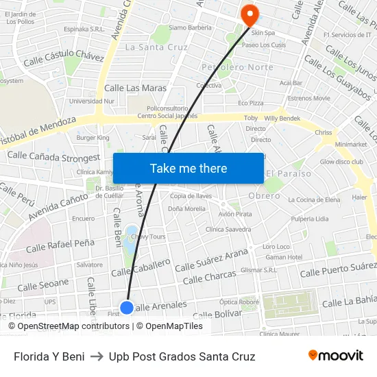 Florida Y Beni to Upb Post Grados Santa Cruz map