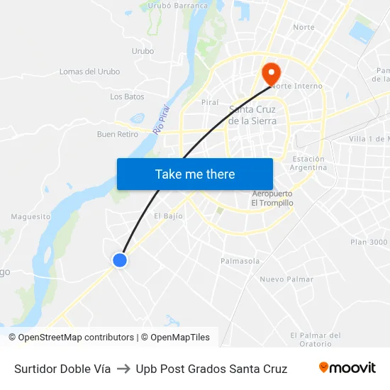 Surtidor Doble Vía to Upb Post Grados Santa Cruz map