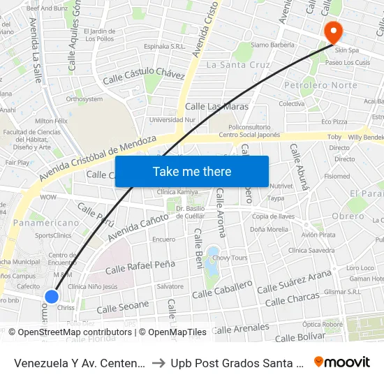 Venezuela Y Av. Centenario to Upb Post Grados Santa Cruz map
