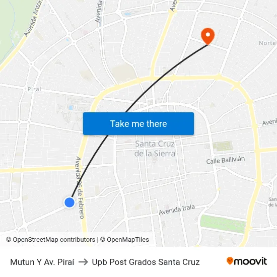 Mutun Y Av. Piraí to Upb Post Grados Santa Cruz map