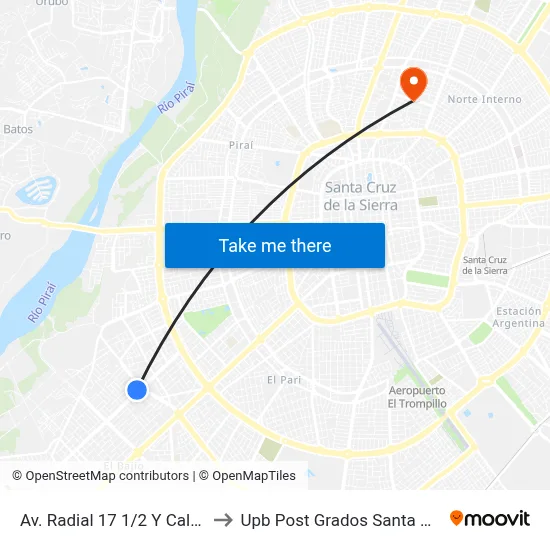 Av. Radial 17 1/2 Y Calle 1 to Upb Post Grados Santa Cruz map