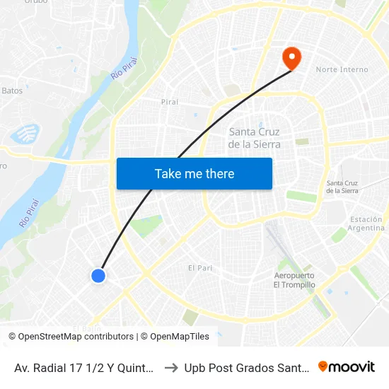 Av. Radial 17 1/2 Y Quinto Anillo to Upb Post Grados Santa Cruz map