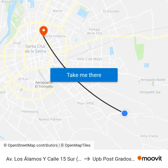 Av. Los Álamos Y Calle 15 Sur (Mercado Del Quior) to Upb Post Grados Santa Cruz map