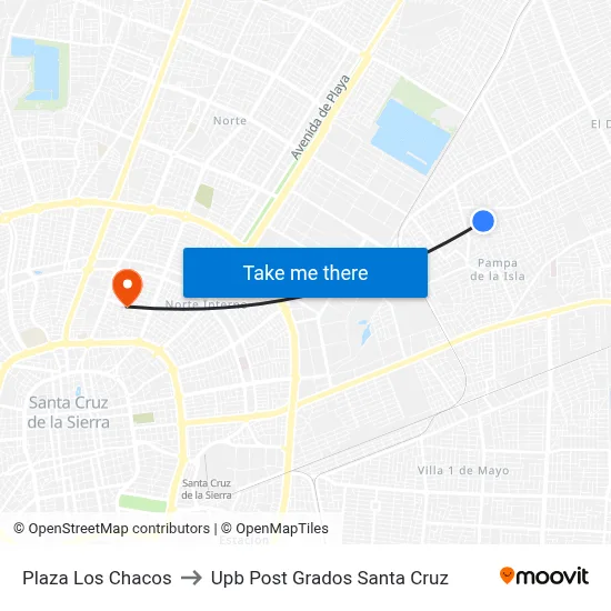 Plaza Los Chacos to Upb Post Grados Santa Cruz map