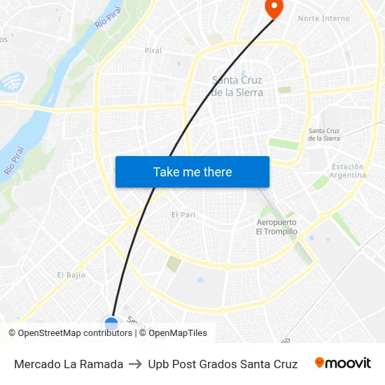 Mercado La Ramada to Upb Post Grados Santa Cruz map