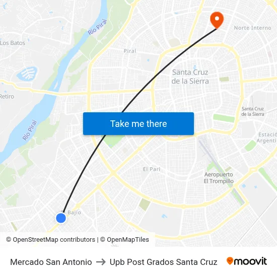 Mercado San Antonio to Upb Post Grados Santa Cruz map