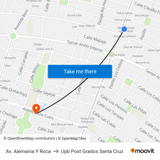 Av. Alemania Y Roca to Upb Post Grados Santa Cruz map