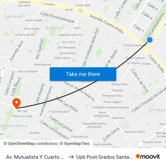 Av. Mutualista Y Cuarto Anillo to Upb Post Grados Santa Cruz map