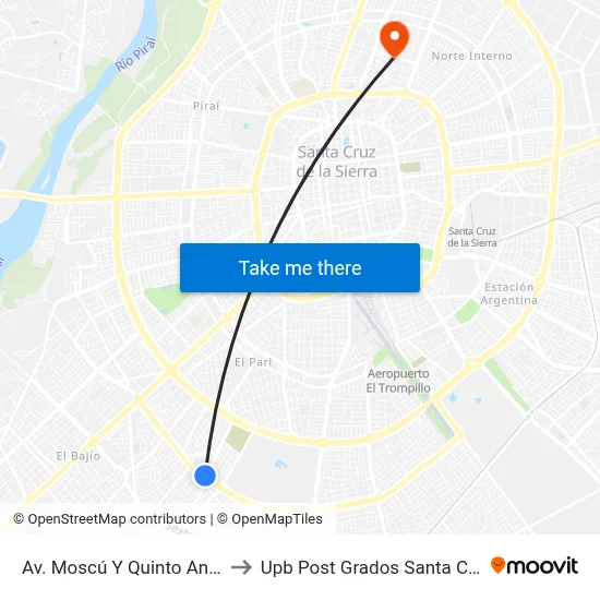 Av. Moscú Y Quinto Anillo to Upb Post Grados Santa Cruz map