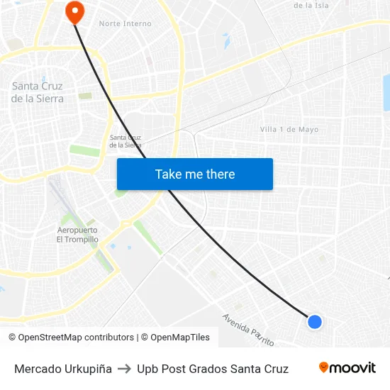 Mercado Urkupiña to Upb Post Grados Santa Cruz map