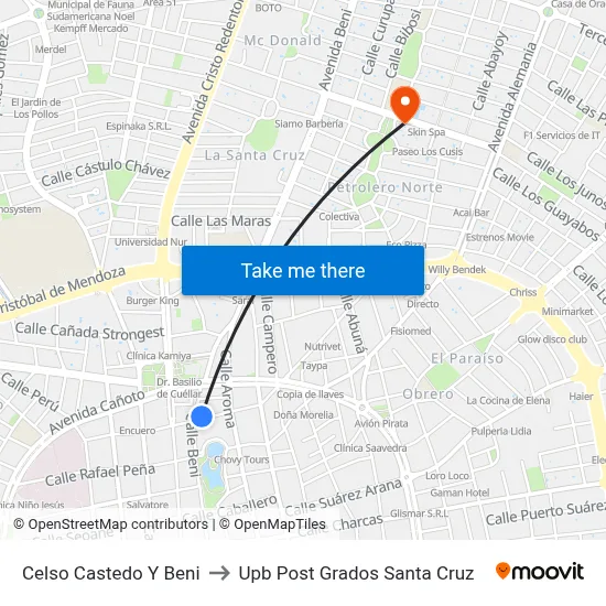 Celso Castedo Y Beni to Upb Post Grados Santa Cruz map