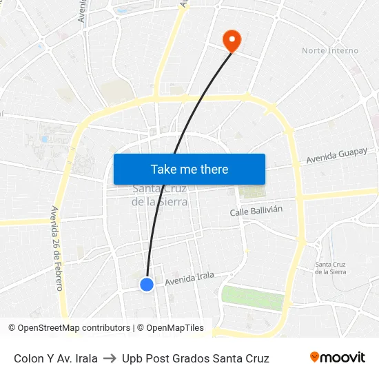 Colon Y Av. Irala to Upb Post Grados Santa Cruz map