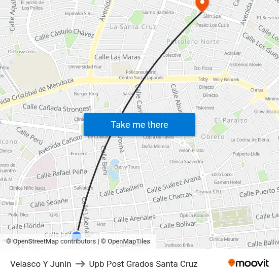 Velasco Y Junín to Upb Post Grados Santa Cruz map