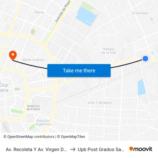 Av. Recoleta Y Av. Virgen De Cotoca to Upb Post Grados Santa Cruz map