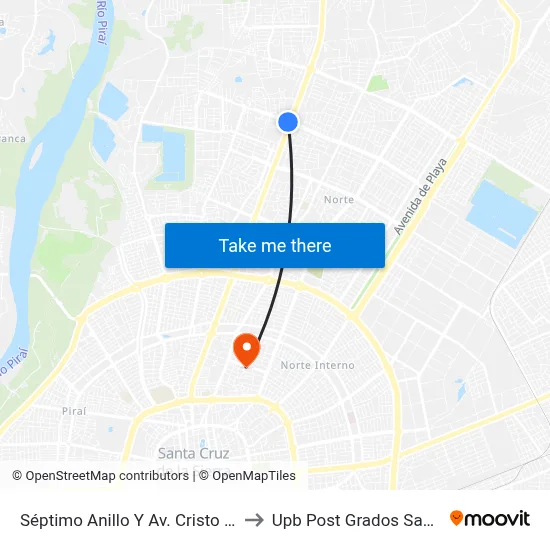 Séptimo Anillo Y Av. Cristo Redentor to Upb Post Grados Santa Cruz map