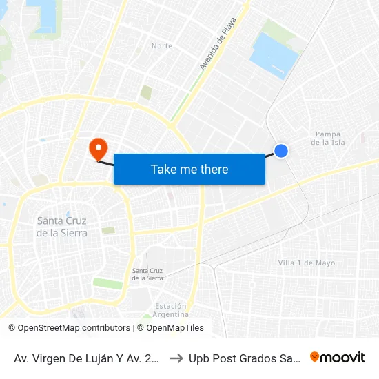 Av. Virgen De Luján Y Av. 25 De Mayo to Upb Post Grados Santa Cruz map
