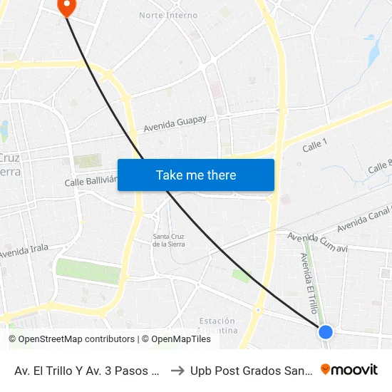 Av. El Trillo Y Av. 3 Pasos Al Frente to Upb Post Grados Santa Cruz map