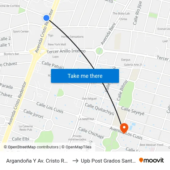 Argandoña Y Av. Cristo Redentor to Upb Post Grados Santa Cruz map