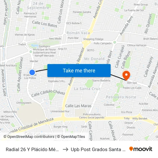 Radial 26 Y Plácido Méndez to Upb Post Grados Santa Cruz map