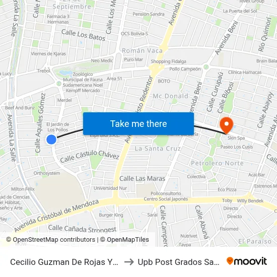 Cecilio Guzman De Rojas Y Radial 26 to Upb Post Grados Santa Cruz map
