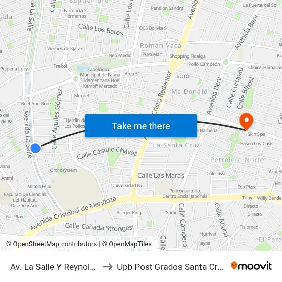 Av. La Salle Y Reynolds to Upb Post Grados Santa Cruz map