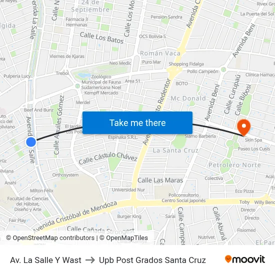 Av. La Salle Y Wast to Upb Post Grados Santa Cruz map