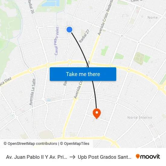 Av. Juan Pablo II Y Av. Principal to Upb Post Grados Santa Cruz map