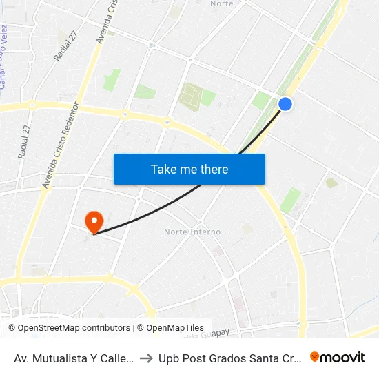 Av. Mutualista Y Calle 2 to Upb Post Grados Santa Cruz map
