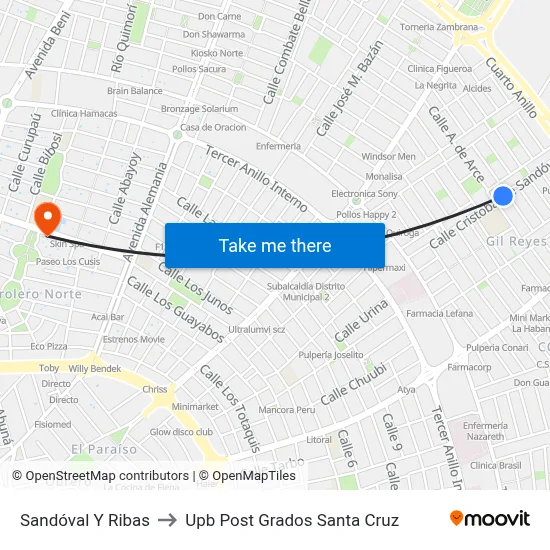 Sandóval Y Ribas to Upb Post Grados Santa Cruz map