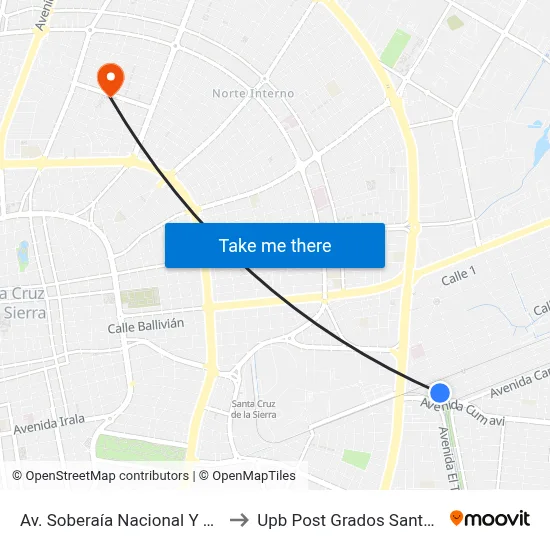 Av. Soberaía Nacional Y Calle 1 to Upb Post Grados Santa Cruz map