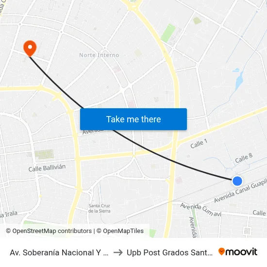 Av. Soberanía Nacional Y Calle 5 to Upb Post Grados Santa Cruz map