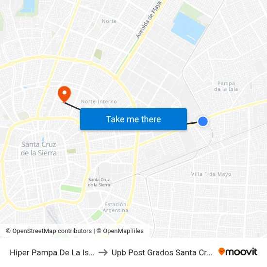 Hiper Pampa De La Isla to Upb Post Grados Santa Cruz map