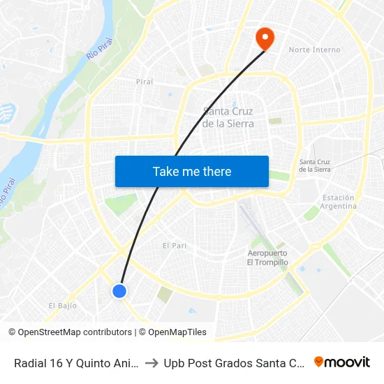 Radial 16 Y Quinto Anillo to Upb Post Grados Santa Cruz map