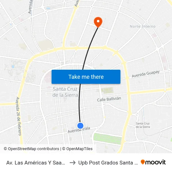 Av. Las Américas Y Saavedra to Upb Post Grados Santa Cruz map