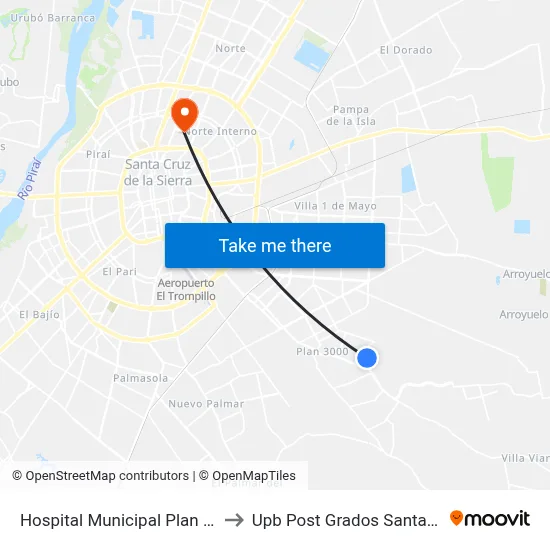 Hospital Municipal Plan 3000 to Upb Post Grados Santa Cruz map