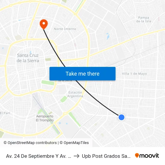 Av. 24 De Septiembre Y Av. Radial 10 to Upb Post Grados Santa Cruz map
