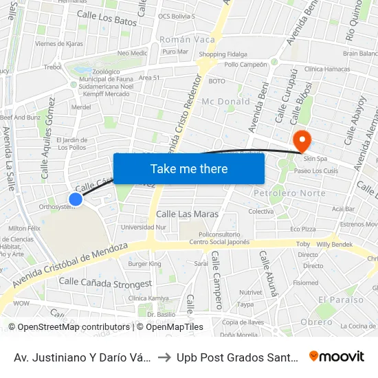 Av. Justiniano Y Darío Vásquez to Upb Post Grados Santa Cruz map