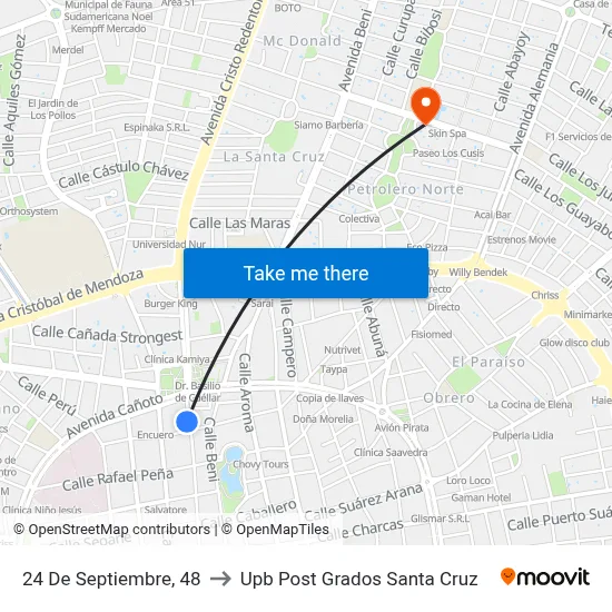 24 De Septiembre, 48 to Upb Post Grados Santa Cruz map