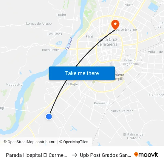 Parada Hospital El Carmen (Km. 9) to Upb Post Grados Santa Cruz map