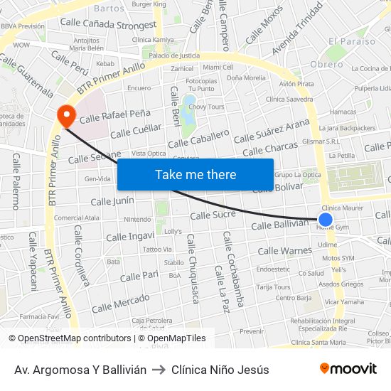 Av. Argomosa Y Ballivián to Clínica Niño Jesús map