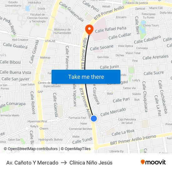 Av. Cañoto Y Mercado to Clínica Niño Jesús map