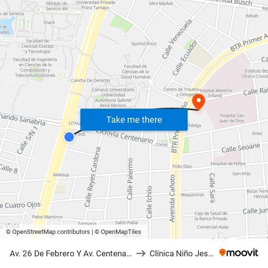 Av. 26 De Febrero Y Av. Centenario to Clínica Niño Jesús map