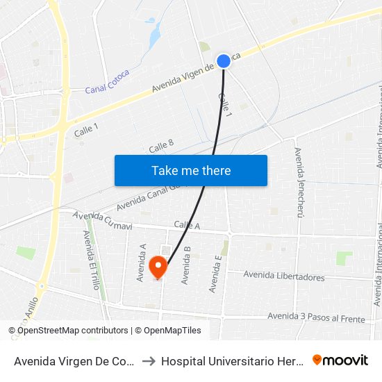 Avenida Virgen De Cotoca, 5070 to Hospital Universitario Hernández Vera map