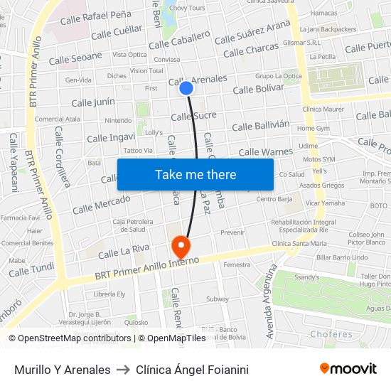 Murillo Y Arenales to Clínica Ángel Foianini map