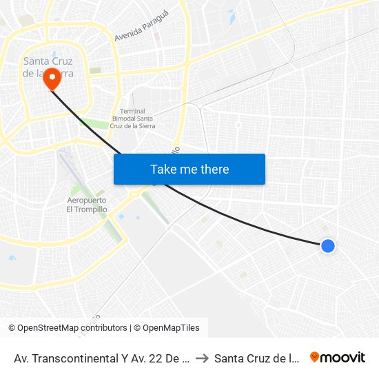 Av. Transcontinental Y Av. 22 De Septiembre to Santa Cruz de la Sierra map