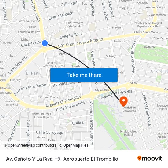 Av. Cañoto Y La Riva to Aeropuerto El Trompillo map